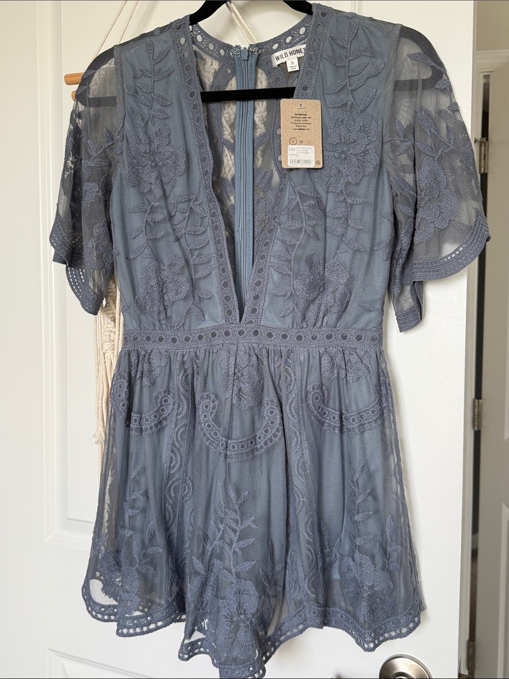 NWT Wild Honey Dusty Blue Embroidered Lace Romper
